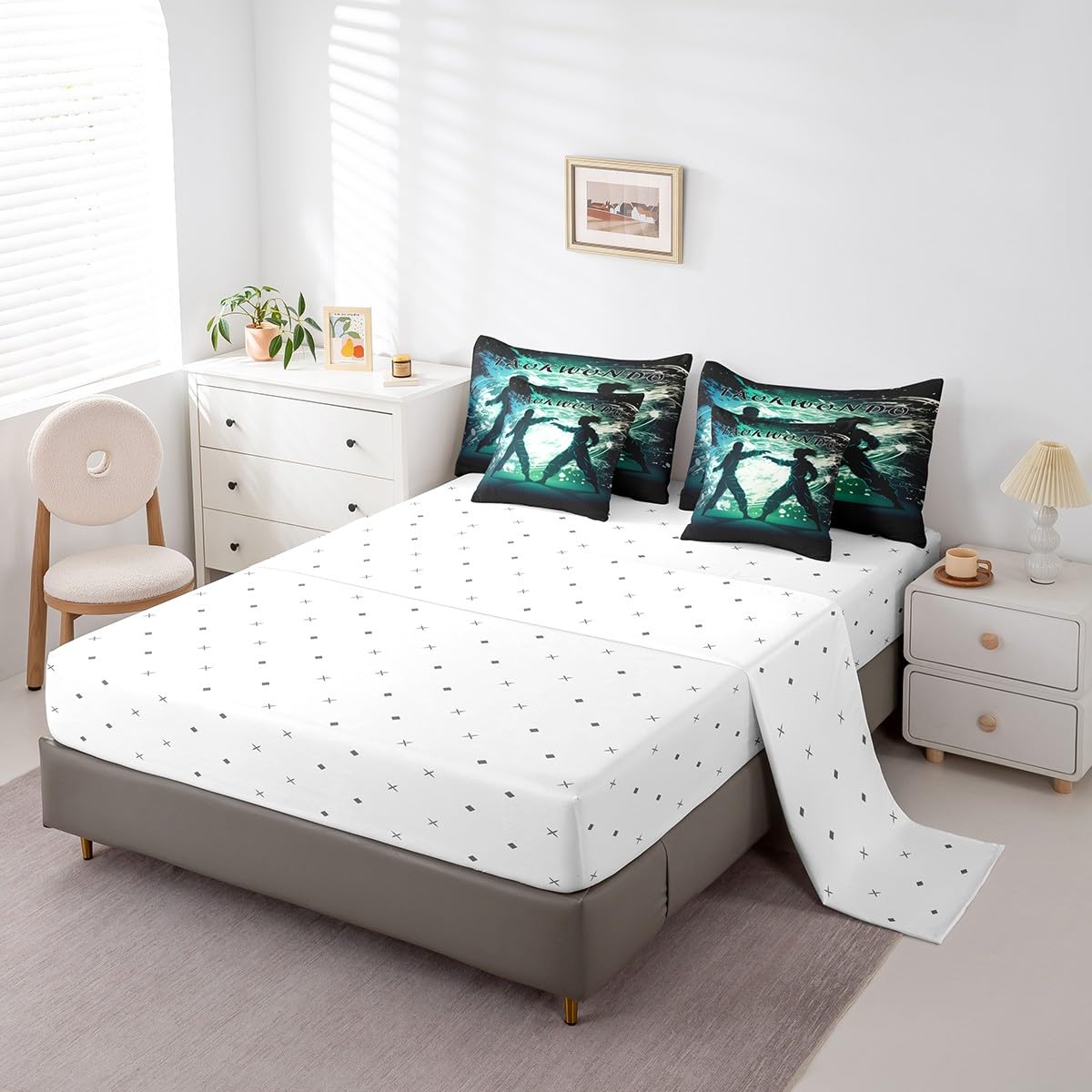 Erosebridal Taekwondo Full Bedding Set with Sheets,Japanese Anime Style Bed Set 7 Piece for Boys Teen Kids Bedroom Decor,Sports Themed Comforter Sets with Fitted Sheet,Flat Sheet,Pillowcases