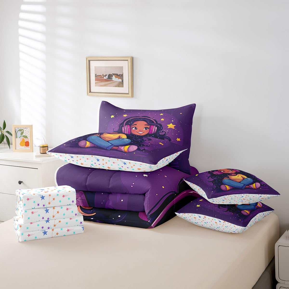jejeloiu Kids Cute Black Girl Comforter Set 7 Pieces Full Size African American Girl Bedding Set Music Star Print Bed in a Bag with Comforter, Sheets, Pillowcases & Cushion Covers（No Glitter）