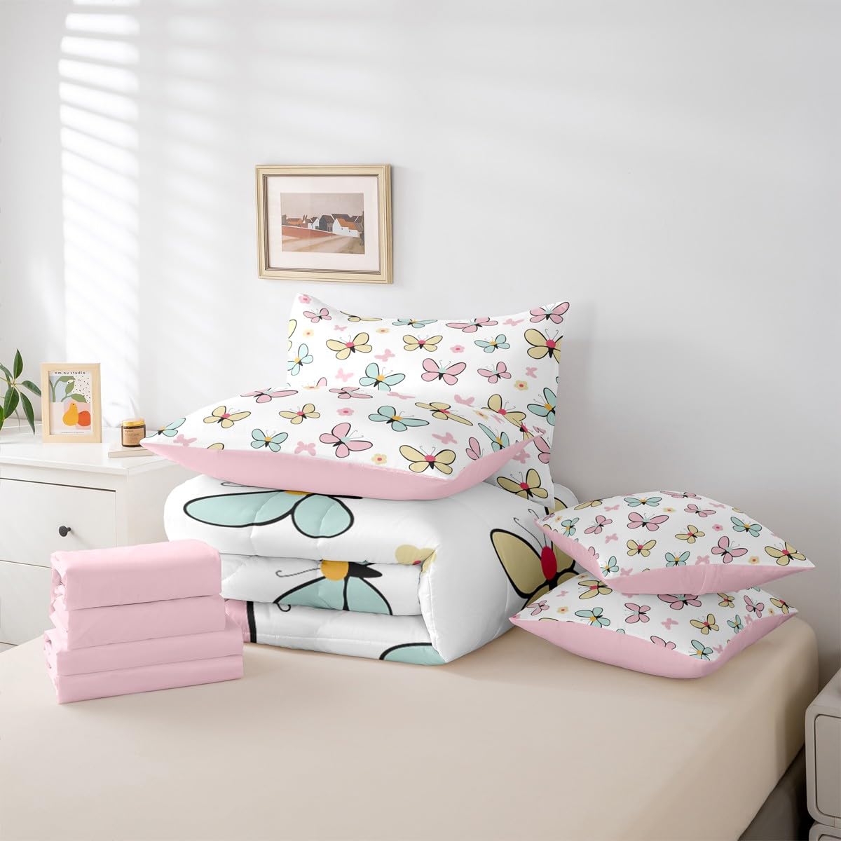 Feelyou Butterfly Comforter Set Queen Size 7 Pieces Cute Pink Bedding Set for Kids Boys Girls Kawaii Bed in a Bag with Comforter, Sheets, Pillowcases, Cushion Covers Soft