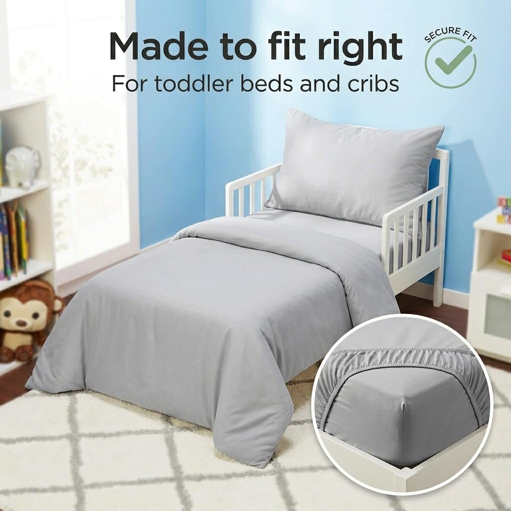 EVERYDAY KIDS 4 Piece Toddler Bedding Set - Includes Comforter, Flat Sheet, Fitted Sheet and Pillowcase - Solid Grey