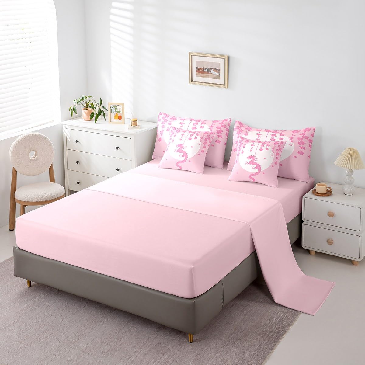 Erosebridal Pink White Kawaii Bedding Set for Kids Girls Teen Women,Fantasy Animal Dragon King Comforter Set 7 Piece Magical Wildlife Bed in A Bag Aesthetic Romantic Cherry Blossom Bed Set