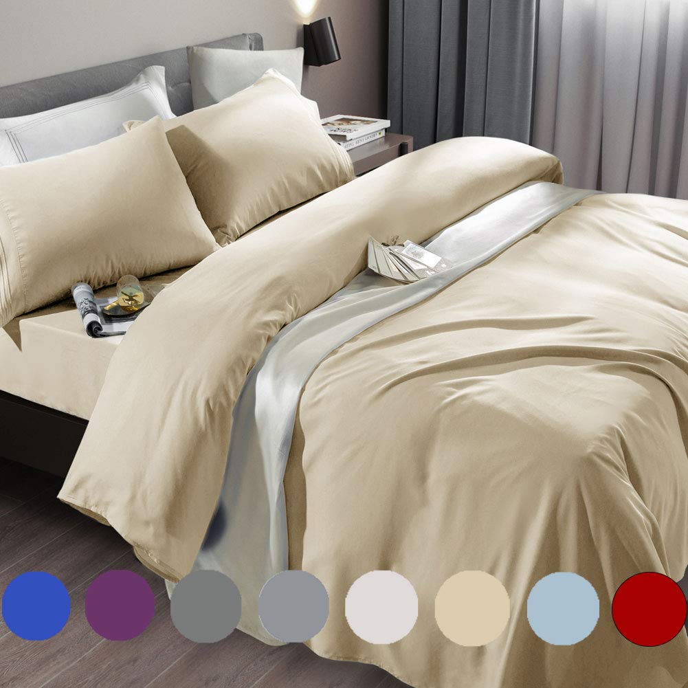 SONORO KATE Bed Sheet Set Super Soft Microfiber 1800 Series Luxury Egyptian Sheets Fit 18-24 Inch Deep Pocket Mattress Wrinkle-6 Piece (Beige, Queen)