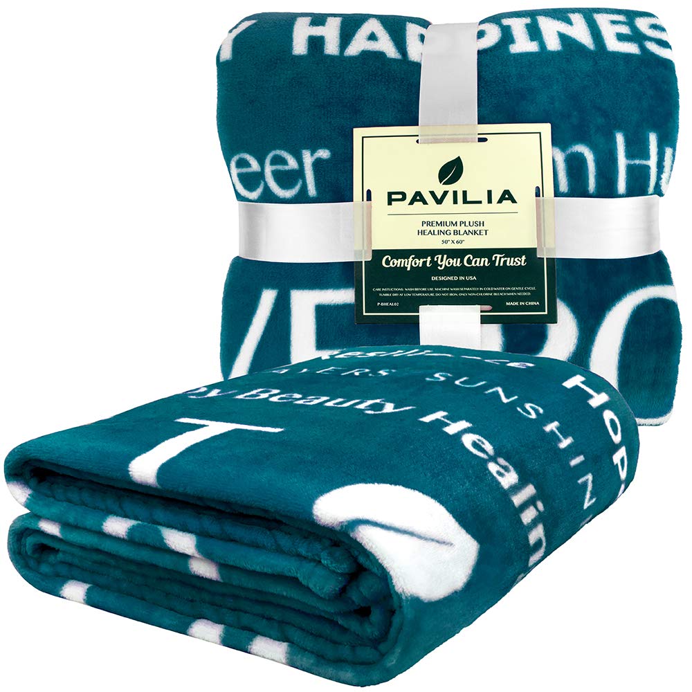 PAVILIA Healing Blanket Fleece, Get Well Soon Gift, Soft Hug Compassion Throw Blanket for Women Men, Comfort Caring Inspirational Patient Gift, Positive Thoughts Prayer Love Throw, 50x60 Teal Blue