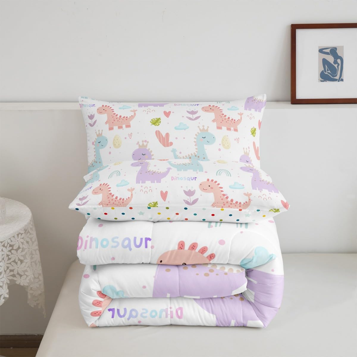Castle Fairy Kawaii Dino King Comforter Toddler,Watercolor Cartoon Dino Rainbow Quilt Comforter with 1 Pillowcase,Cute Flowers Dreamy Clouds Bedding Set Comfortable,Soft and Breathable