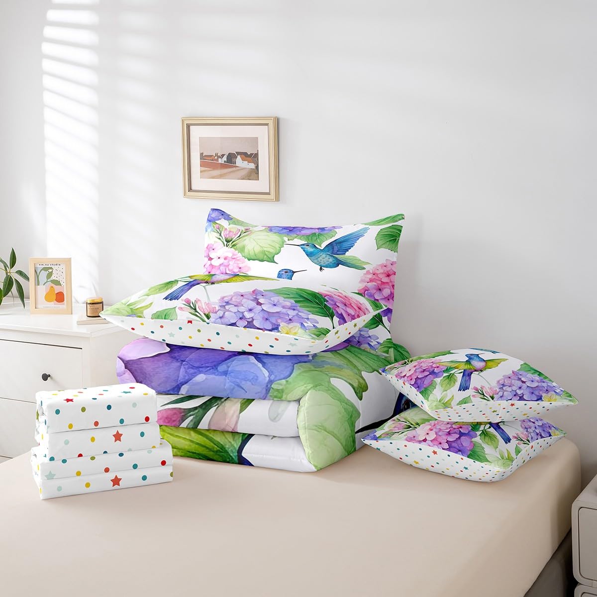 7 Piece Hummingbird Twin Bed in a Bag for Girls Women Blue Hydrangea Print Sheet Set Twin, Cute Animal Birds Purple Flowers Bedding Set with Comforter Rustic Farmhouse Theme Cushion Covers