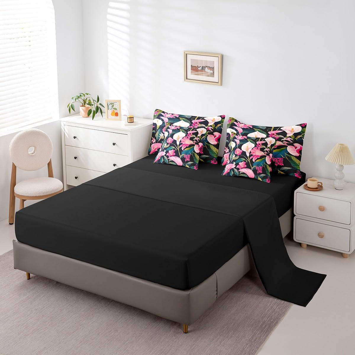 Feelyou Flower Comforter Set King Size 7 Pieces Palm Leaf Bedding Set for All Season Floral Blossom Tropical Botanical Nature Theme Bed in a Bag with Comforter, Sheets, Pillowcases & Cushion Cover