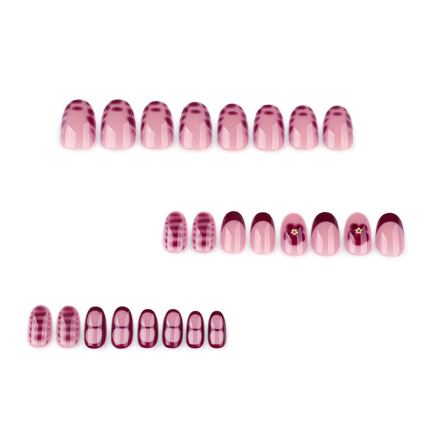Stbisen Red Press On Nails Short Oval, Summer Fall Fake Nails with Red French Tips and Elegant Petal Accent Designs, Glossy Gel Finish Acrylic Nails, Thick Reusable Glue On Nails Kit for Women, 24 Pcs