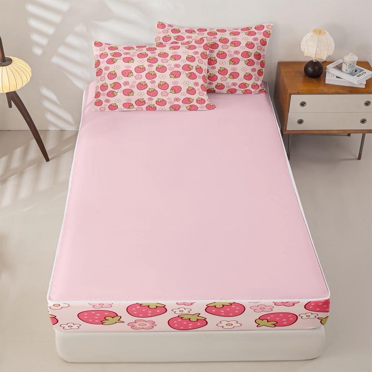 Erosebridal Kawaii Strawberry Zippered Comforter Set Girly Floral Zipper Bedding Set Twin Size Japanese Style Bed in a Bag Cute Cartoon Fruit Food Comforter with Sheets