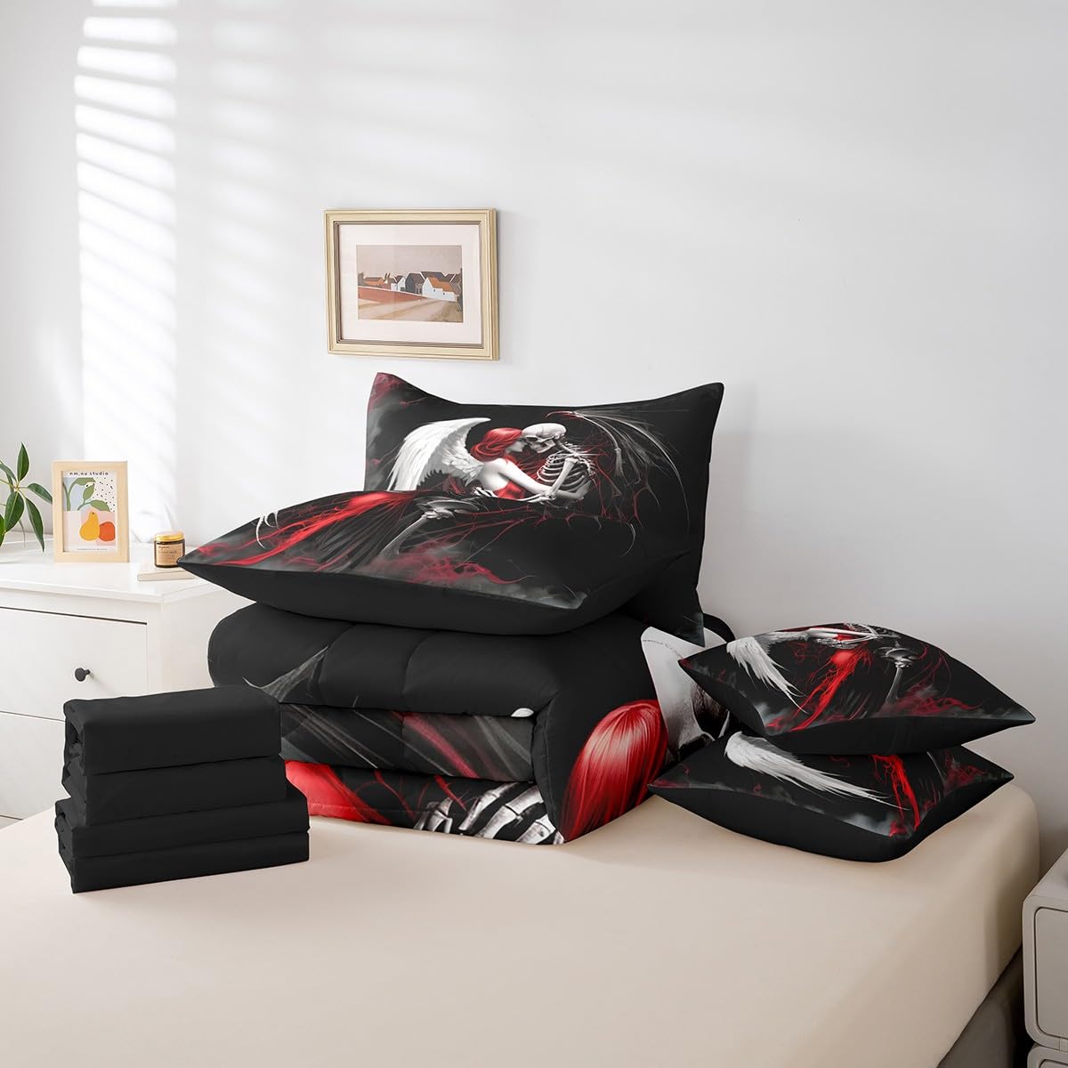 Erosebridal Gothic Skull Couple Bed in A Bag Full Size,Valentine's Day Comforter Set Skull Skeleton 7 Piece Bedding Set Red Black Angel Skeleton Sheet Set with Comforter for Men Women Room Decor