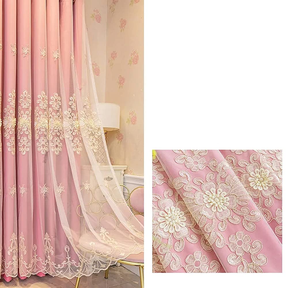 Amidoudou 1 Pair European Double Layer Curtains Luxury Embroidered Curtains for Living Room Bedroom (Pink,52x96 Inch)
