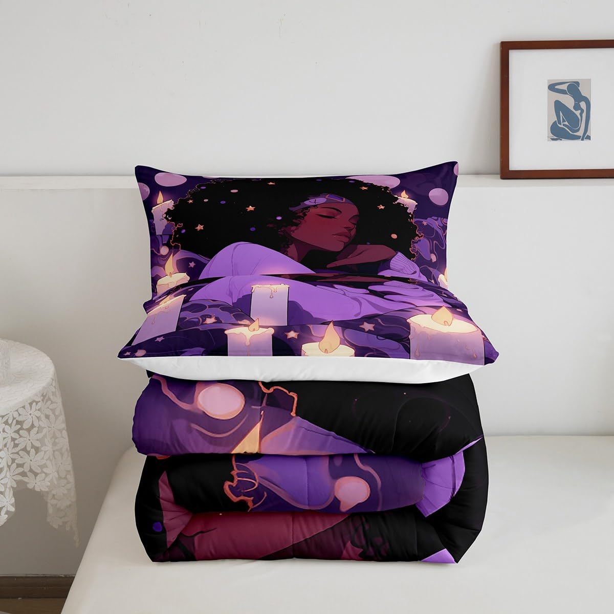 Castle Fairy Cute Black Girls Comforter Set Full Size,African Style Americans Quilt Set Girls Boys Women Teens Room Decor,Dreamy Stars Moon Night Bedding Set Cartoon Purple Duvet Insert,2 Pillowcases