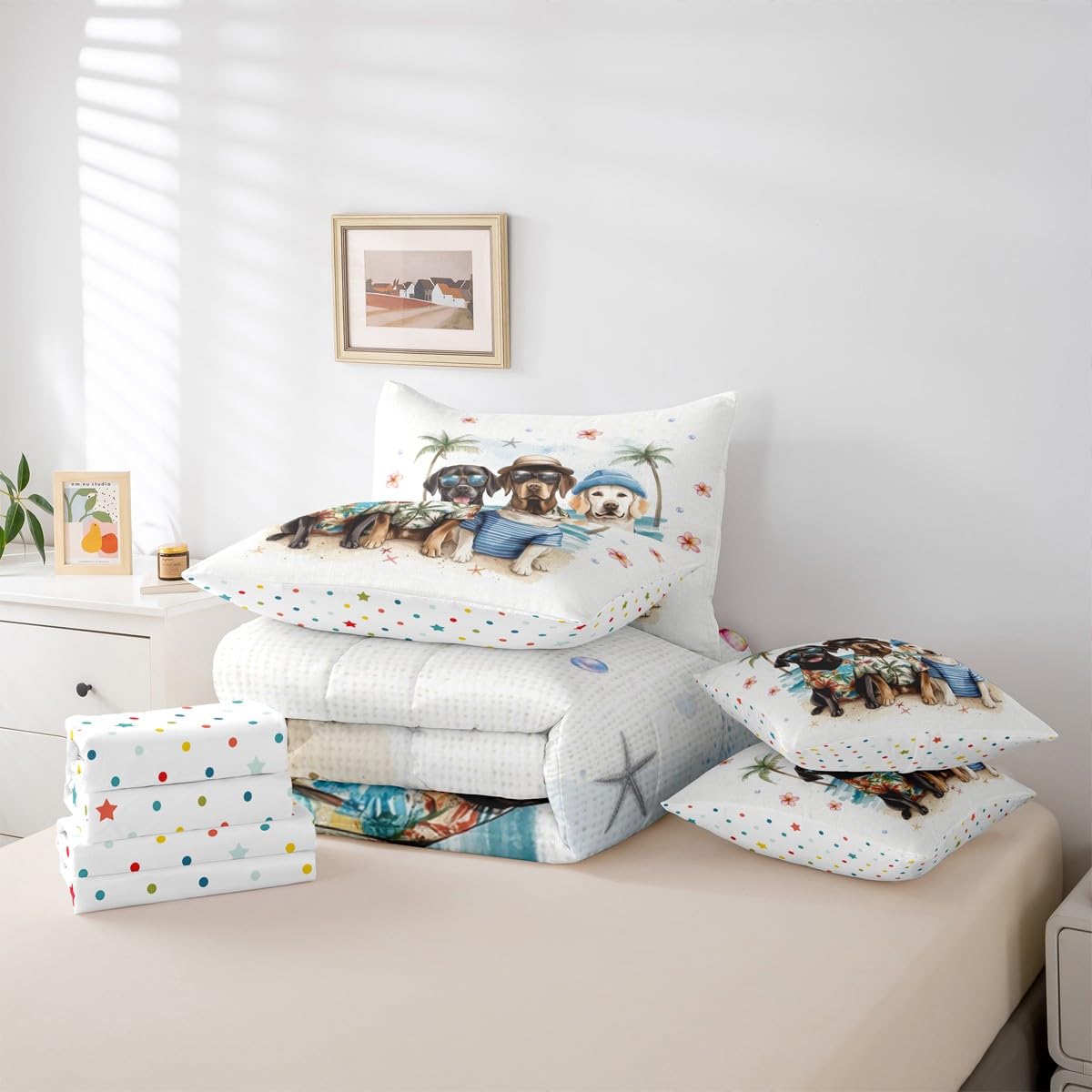 Erosebridal Summer Beach Bed in A Bag Full, Kawaii Dogs Comforter Set with Sheets, Sea Beach 7 Pieces Bedding Set for Kids Boys Teens Girls Women Men Bedroom, Floral Starfish Coconut Tree Bed Sets