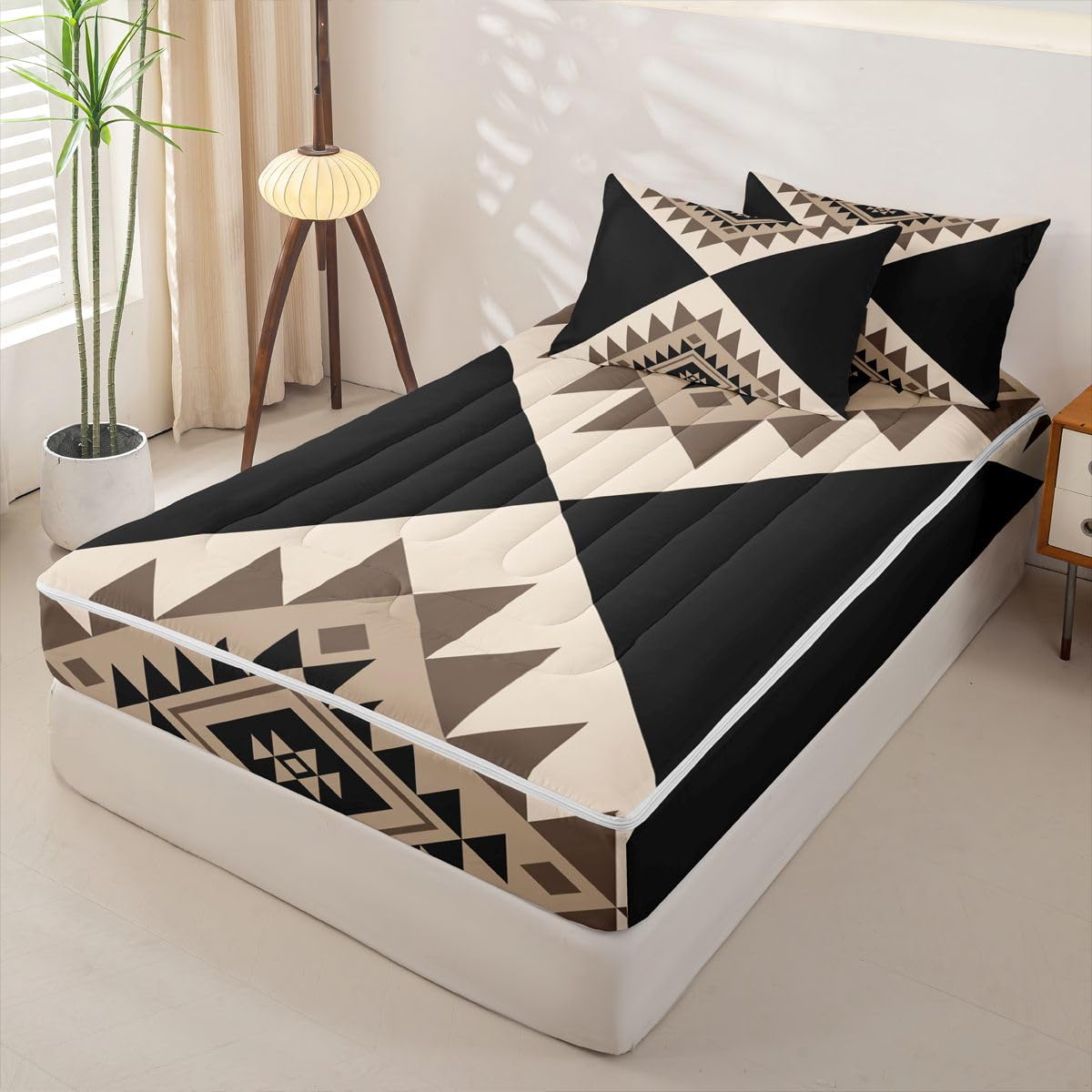 Erosebridal Black Beige Abstract Zipper Bedding Set Twin Modern Boho Western Aztec Zipper Comforter Set with Sheets Stripes Bed in a Bag Minimalist Stylish Art Southwestern Bed Sets with 2 Pillowcases