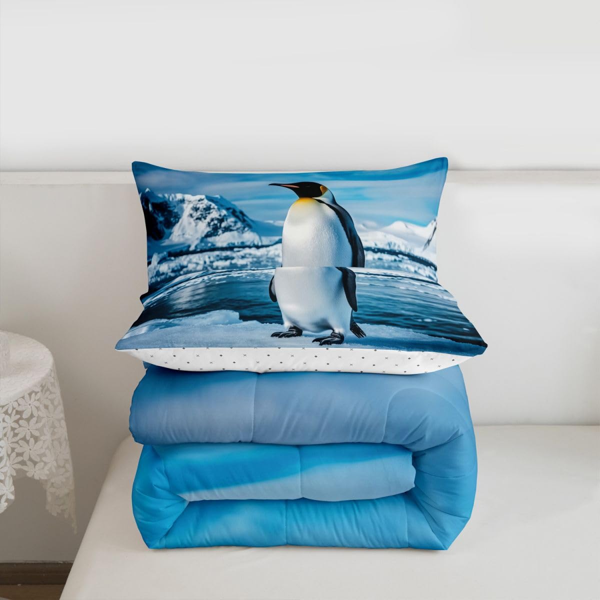 Erosebridal Penguin Kids Comforter Sets Glacier Snow Queen Bedding Set for Boys Girls Cloud Blue Sky Wild Animals Print Comforter Set,Antarctica Landscape Quilt Duvet 3 Pcs