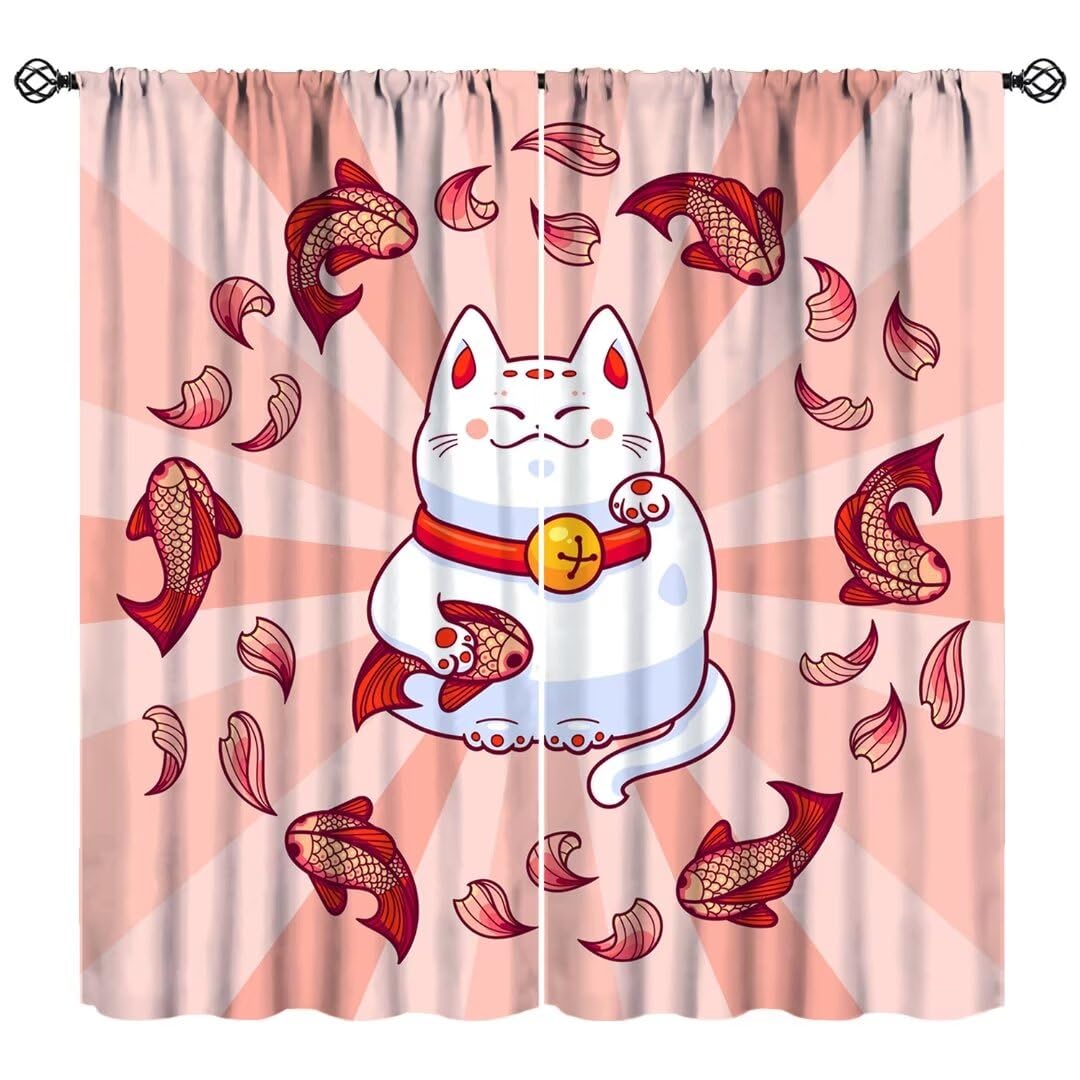 JanJCurt Japanese Noren Curtains, Lucky Cat Kitchen Window Curtain Oriental Style Traditional Red Carp Good Luck Window Treatments for Kitchen Living Room Bedroom, 42x45 Inch (No Blackout)