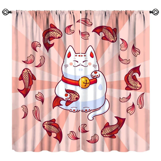 JanJCurt Japanese Noren Curtains, Lucky Cat Kitchen Window Curtain Oriental Style Traditional Red Carp Good Luck Window Treatments for Kitchen Living Room Bedroom, 42x45 Inch (No Blackout)