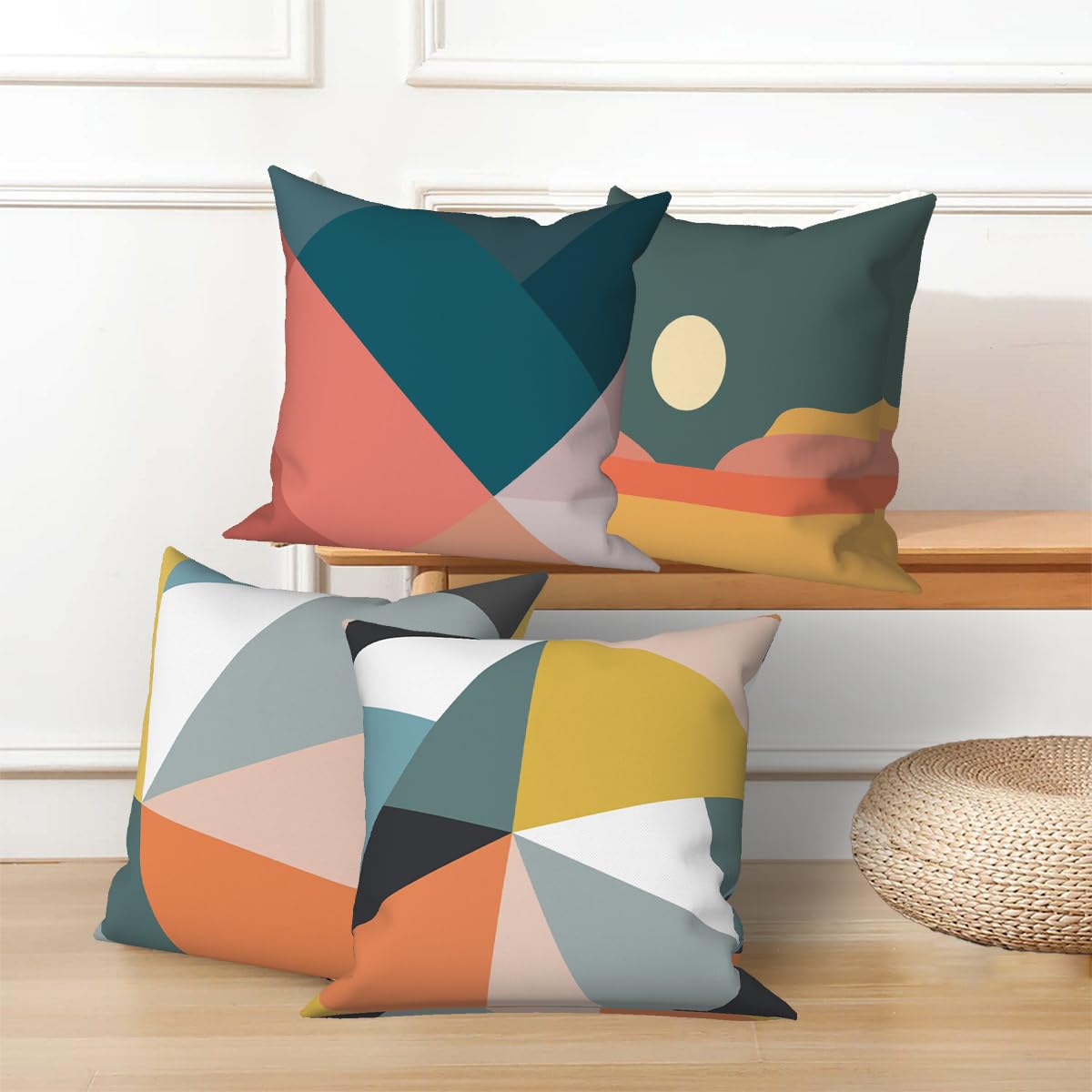 Vie Savaran Geometric Throw Pillow Covers Colorful Geometry Strip Patchwork Sun Abstract Mid Century Modern 18x18 Set of 4 Linen Cushion Covers for Outdoor Couch Sofa Bedroom Patio Livingroom Garden