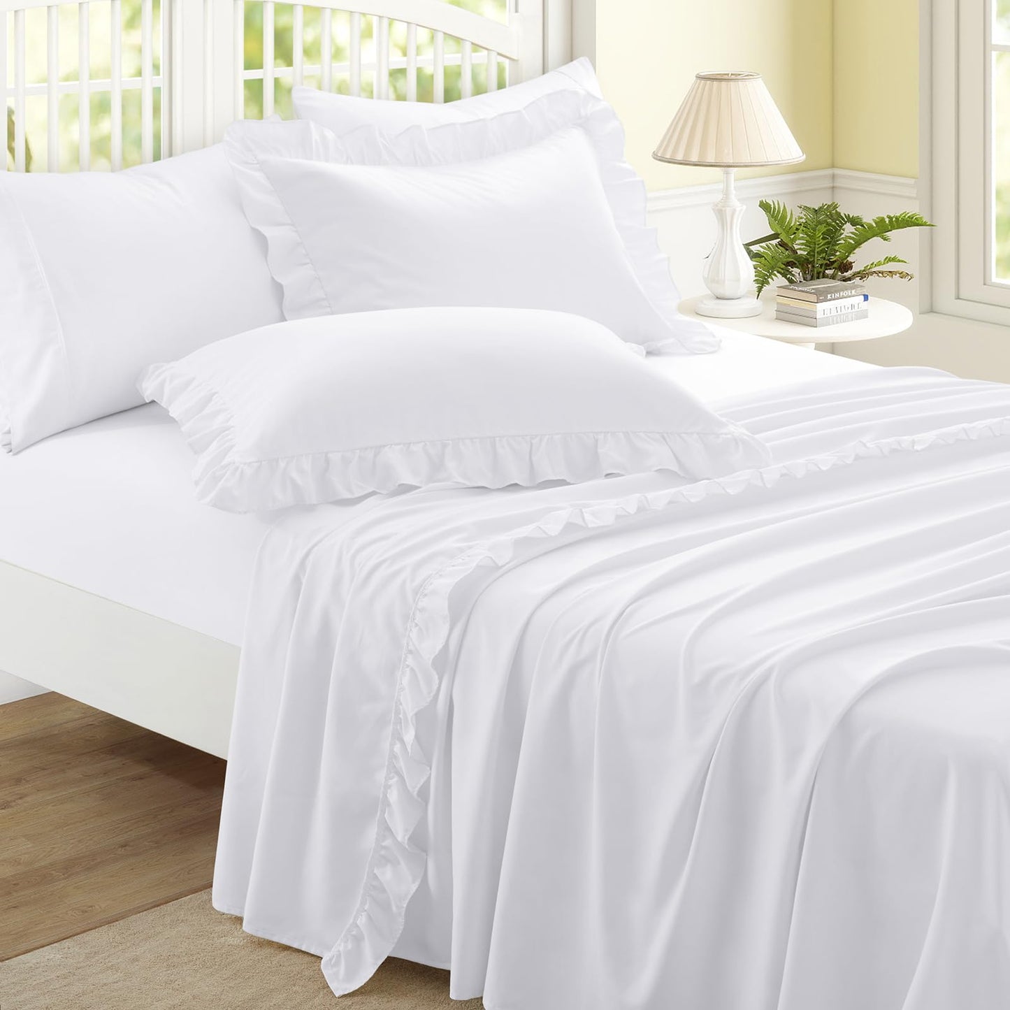 Yvrcen 3 Pieces Ruffle Twin Sheet Set, White Bed Sheets Twin Size, Microfiber Coquette White Sheets with 16 Inch Deep Pocket Fitted Sheet, 1 Ruffled Flat Sheet & 1 Ruffled Pillow Shams