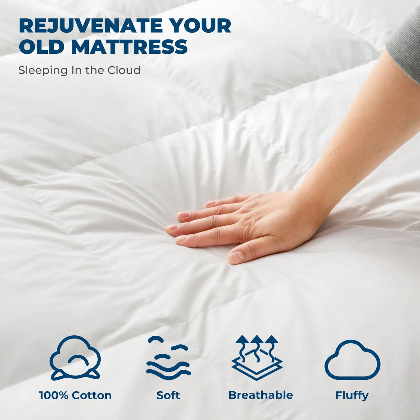 ROSE FEATHER Goose Down Feather Mattress Topper, RV King Down Mattress Protector Cover with Straps, Plush Soft Fluffy Baffled Pillowtop Featherbed Cooling Pad All-Season Luxury (72x80 Inch)