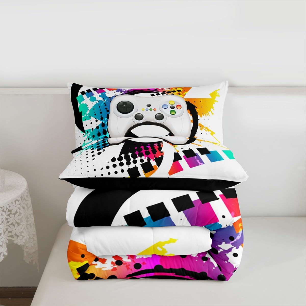 Kids Gaming Comforter Set Queen Gamer Bedding Set, Modern Console Game Controller Duvet Set For Boys Girls Teens, White Gamepad Quilt Set, Tie Dye Colorful Comforter Set Grey White Soft Bedding Set