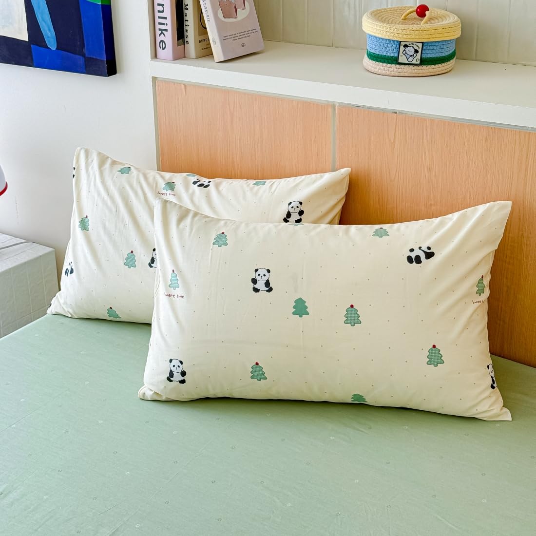 LIWHENHAO Panda Duvet Cover Set Twin 100% Cotton Bedding Cartoon Balck White Panda Green Pine Christmas Tree 1 Cute Kawaii Dot Comforter Cover Zipper Closure 2 Pillowcases for Kids Girls Boys