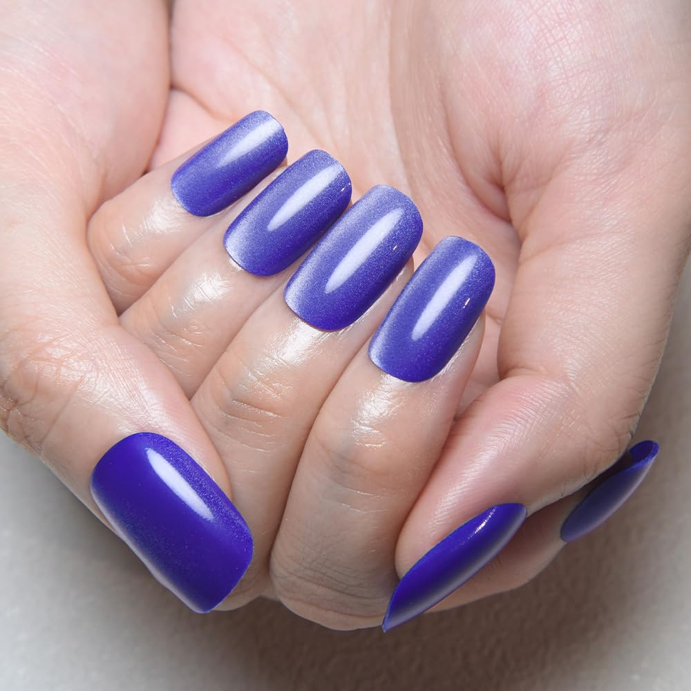 Blue Cat Eye Press on Nails Medium Square, Medium Square Press Stick on Nails Chrome for Women Gift, Blue Holographic Glitter Glossy Reusable Soft Gel Acrylic Fake Nail with Designs Cateye Effect