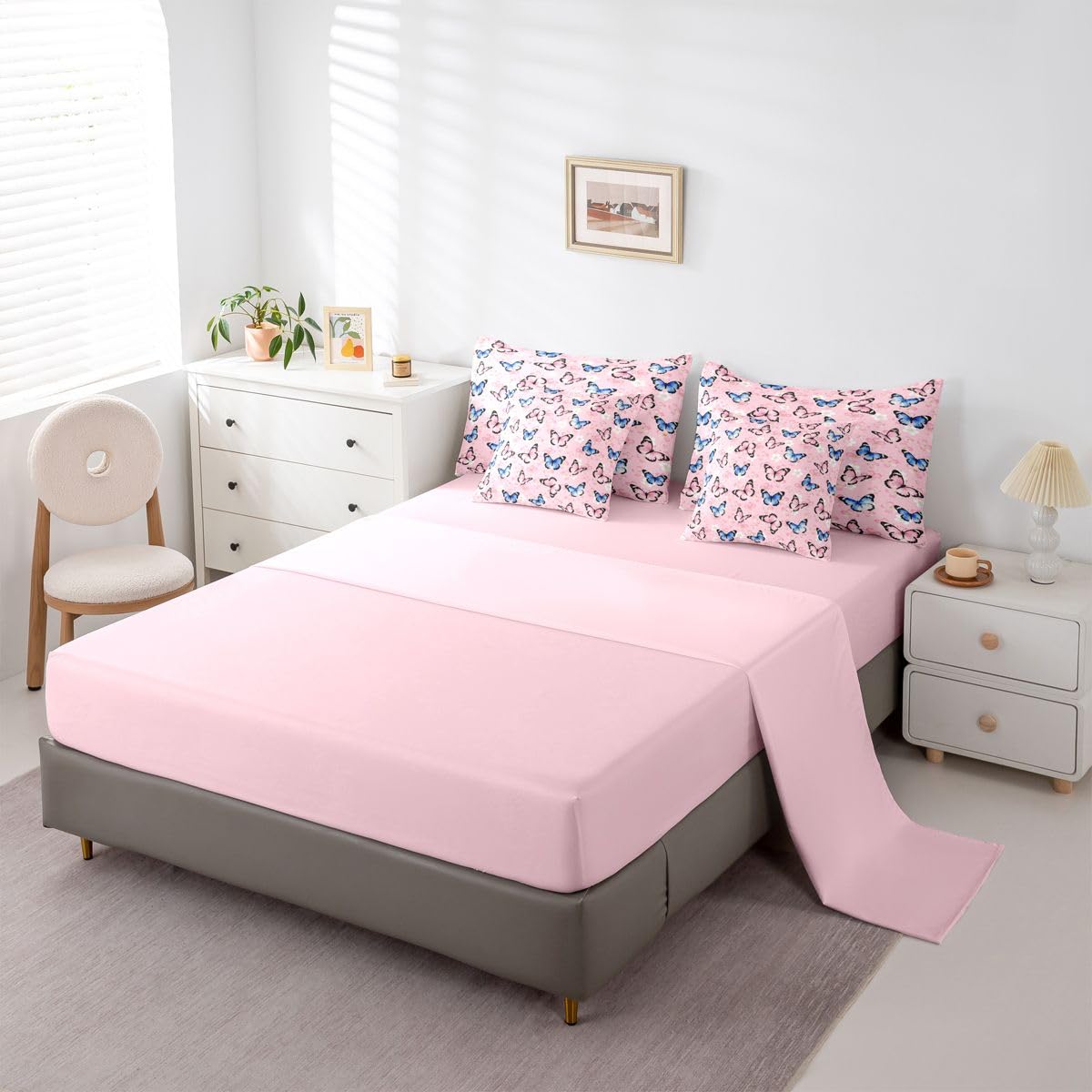 Erosebridal Watercolor Cute Butterflies 7 Piece Bedding Set Twin 3D Pink Flower Print Comforter Set with Sheets Floral Leaves Bed in a Bag Cherry Blossom Bed Sets Comforter