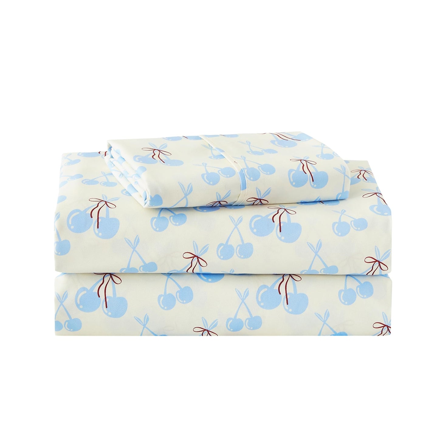 lasoftan Kids Sheet Set Twin Size, Twin Sheet Set with Blue Cherry Pattern，Breathable Silky Soft Microfiber Kids Fitted Sheet