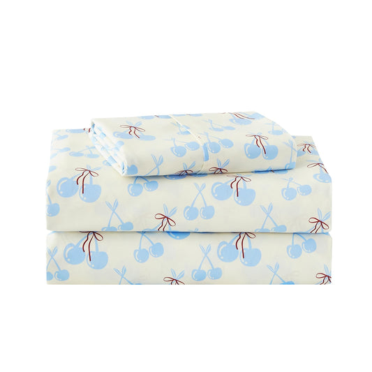 lasoftan Kids Sheet Set Twin Size, Twin Sheet Set with Blue Cherry Pattern，Breathable Silky Soft Microfiber Kids Fitted Sheet