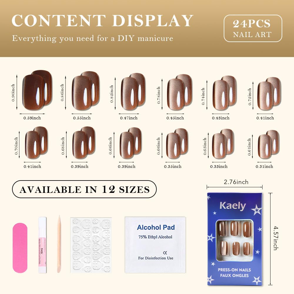 Nude Brown Cat Eye Press on Nails Medium Square, Medium Square Press Stick on Nails Chrome for Women Gift, Brown Holographic Glitter Glossy Reusable Soft Acrylic Fake Nail with Design Cateye Effect