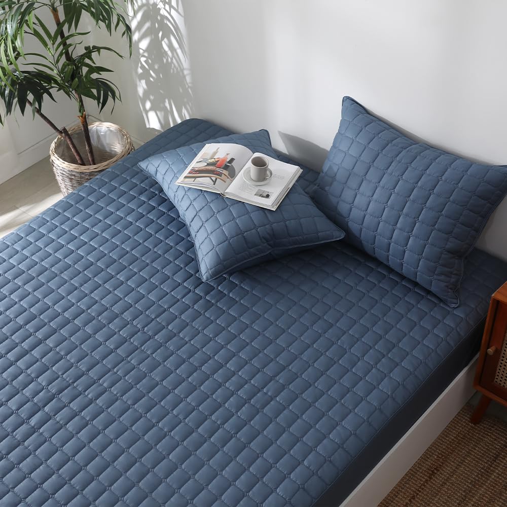 Seragio Quilted 100% Cotton Mattress Cover – 6 Colors, Machine Washable, Breathable & Stretchy, Fits up to 16-Inch Deep, Twin/Full/Queen/King (Navy, Twin)