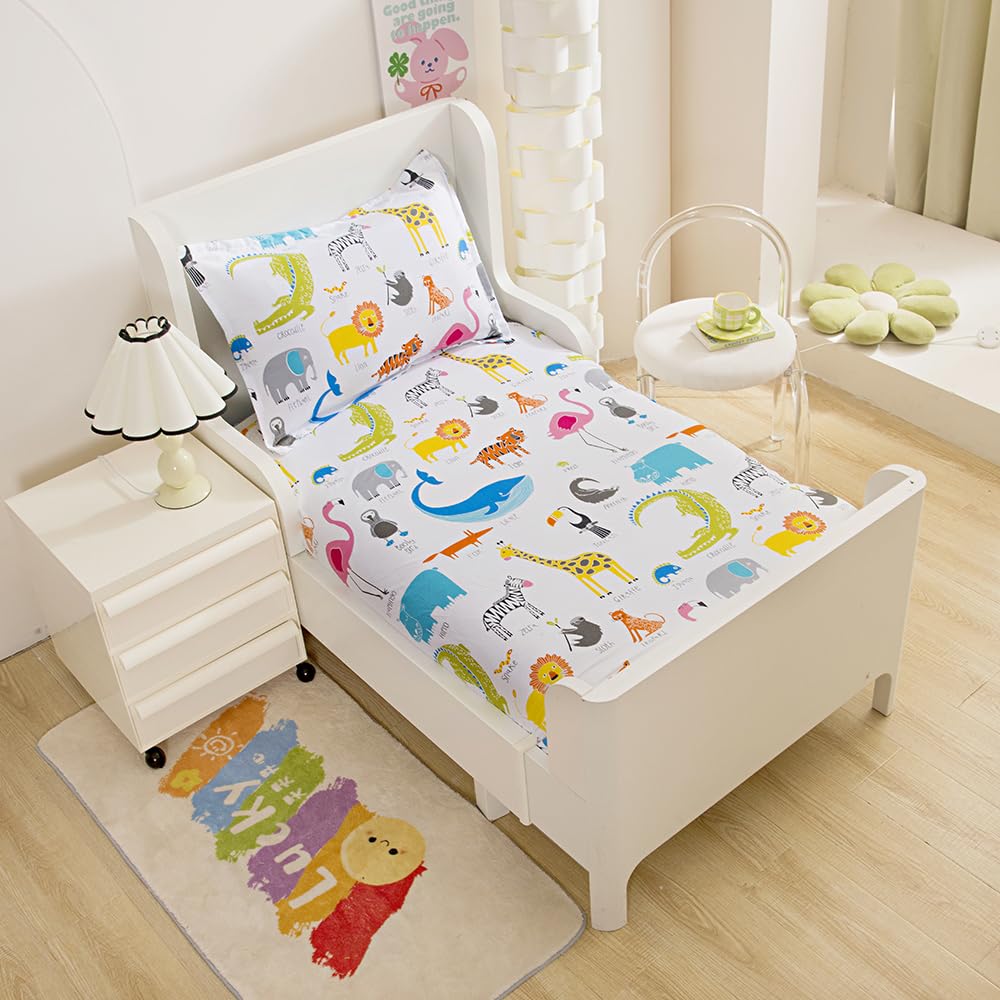 KWLOVER 2PC Soft Bed Fitted Sheet and Pillowcases Set,Animals Printed Bed Sheets for Kids Boys Girls Twin Size Bed (Colorful Animals, Twin)