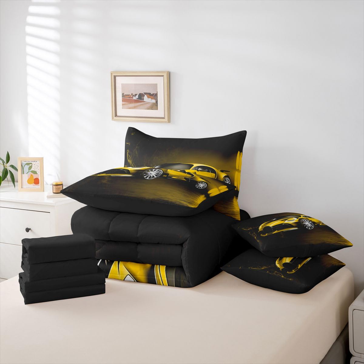 Feelyou Sports Car 7 Piece Bedding Set Yellow Race Car Comforter Set with Sheets for Kids Boys Girls Extreme Sports Bed in a Bag Cool Speed Luxury Car Decor Quilt with 2 Pillowcases Queen