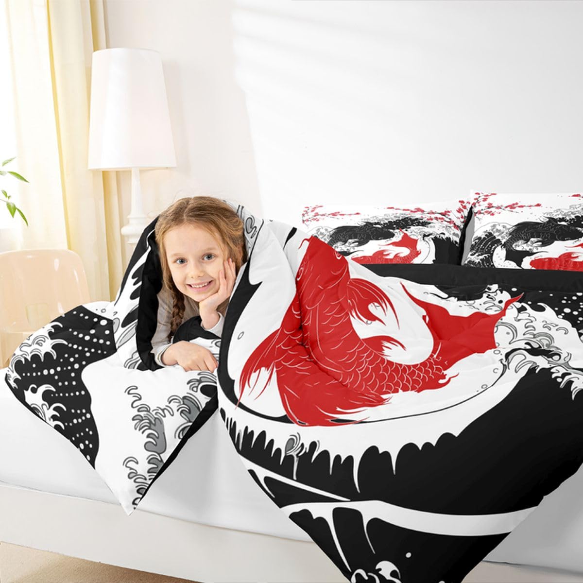 Erosebridal Koi Fish Bedding Full,Cherry Blossoms Comforter Set Japanese Waves Bed Sets Yin Yang Duvet Insert 3 Pieces (Black White)