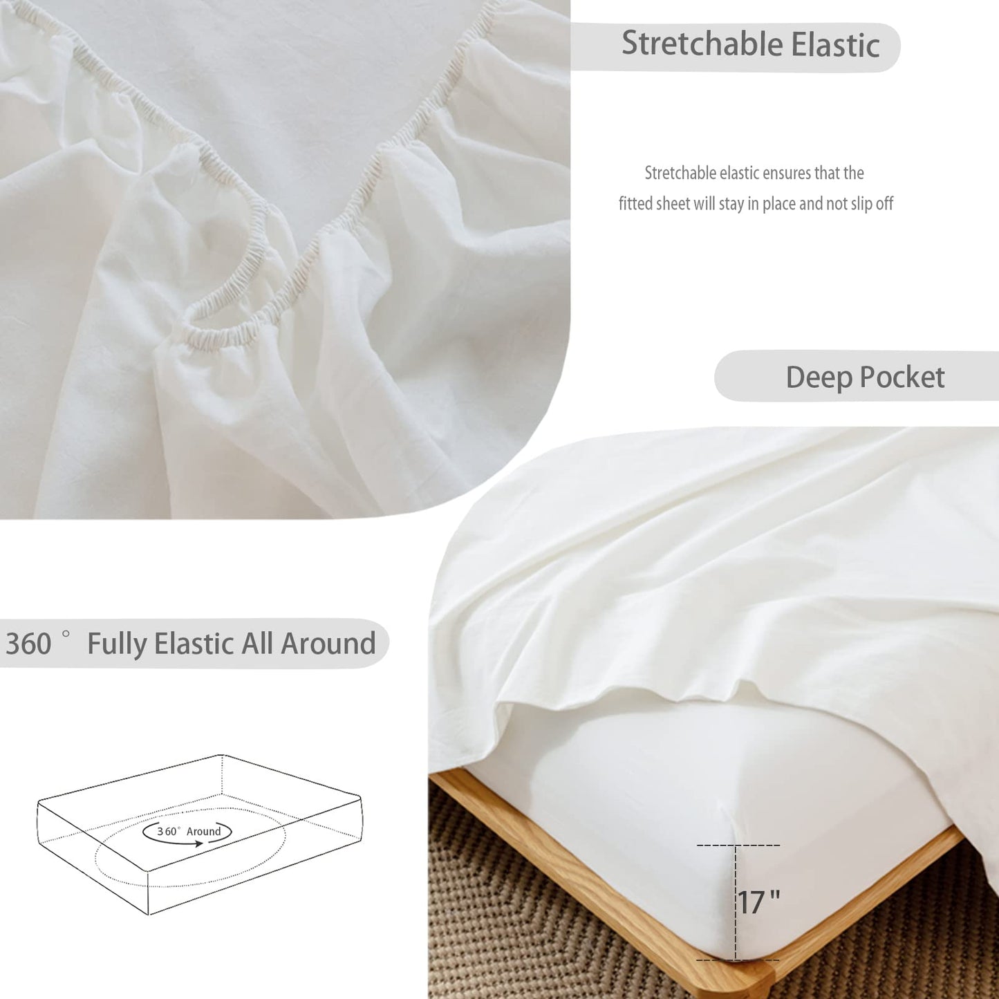 MooMee Fitted Bottom Sheet Only 100% Washed Cotton Linen Like Textured Breathable Durable Soft Comfy Deep Pocket Fits Mattress up to 17" (Off White, Queen)
