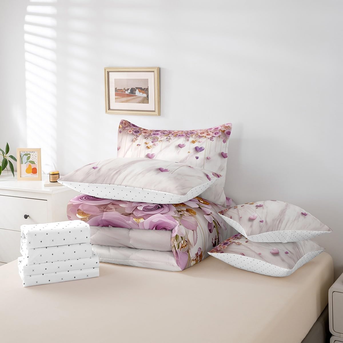 Erosebridal Valentines Day Queen Bed in a Bag 7 Piece - Romantic Purple Pink Rose Floral Comforter Set with Sheets for Kids Adults Couple Bedroom Decor Love Bedding Sets with Fitted + Flat Sheet