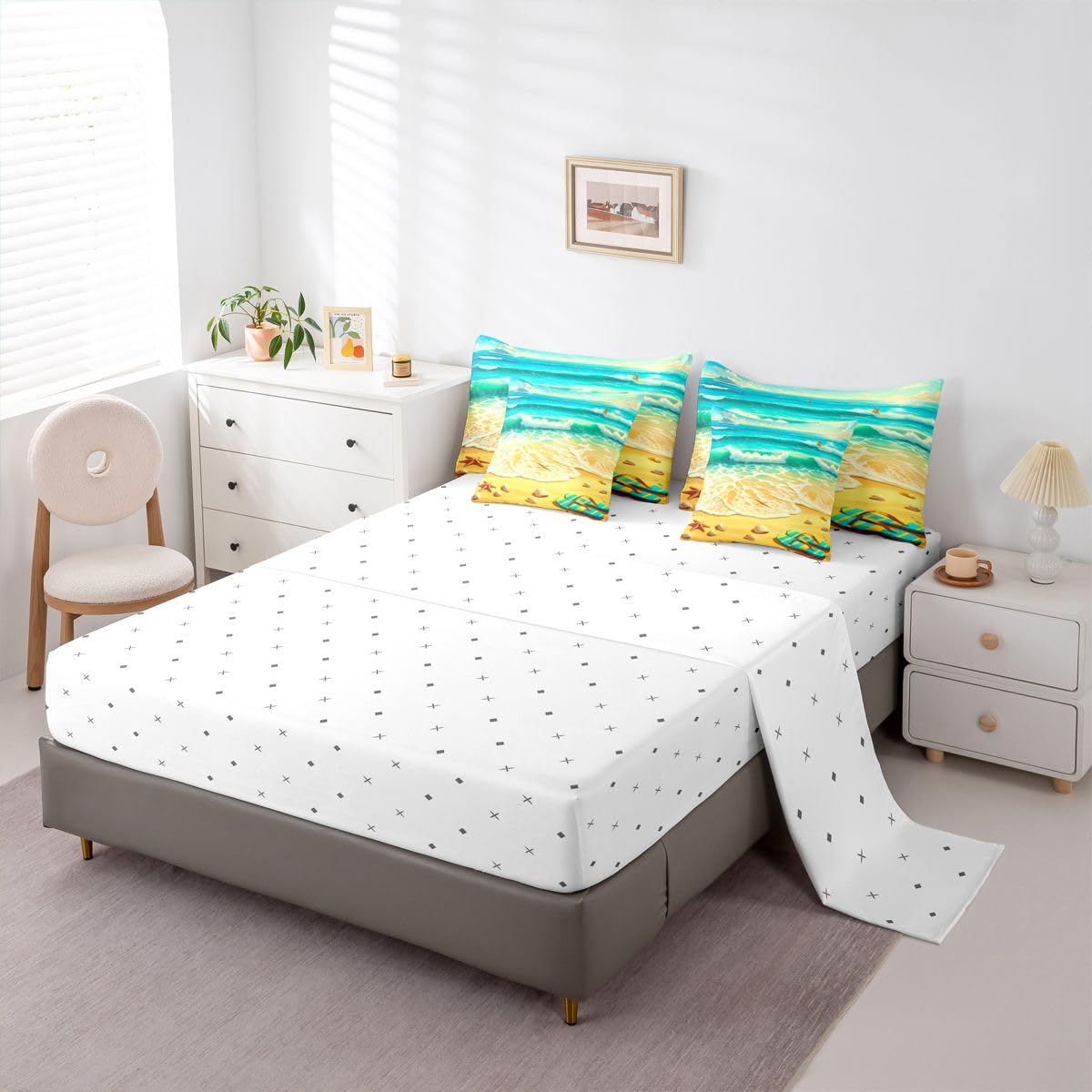 Erosebridal Tropical Beach Queen Bedding Set Cute Coastal Starfish Seashell Comforter Set Kids Adults Nautical Ocean Wave 7-Piece Bed in a Bag Turquoise Yellow Summer Vacation Art Quilt Sets