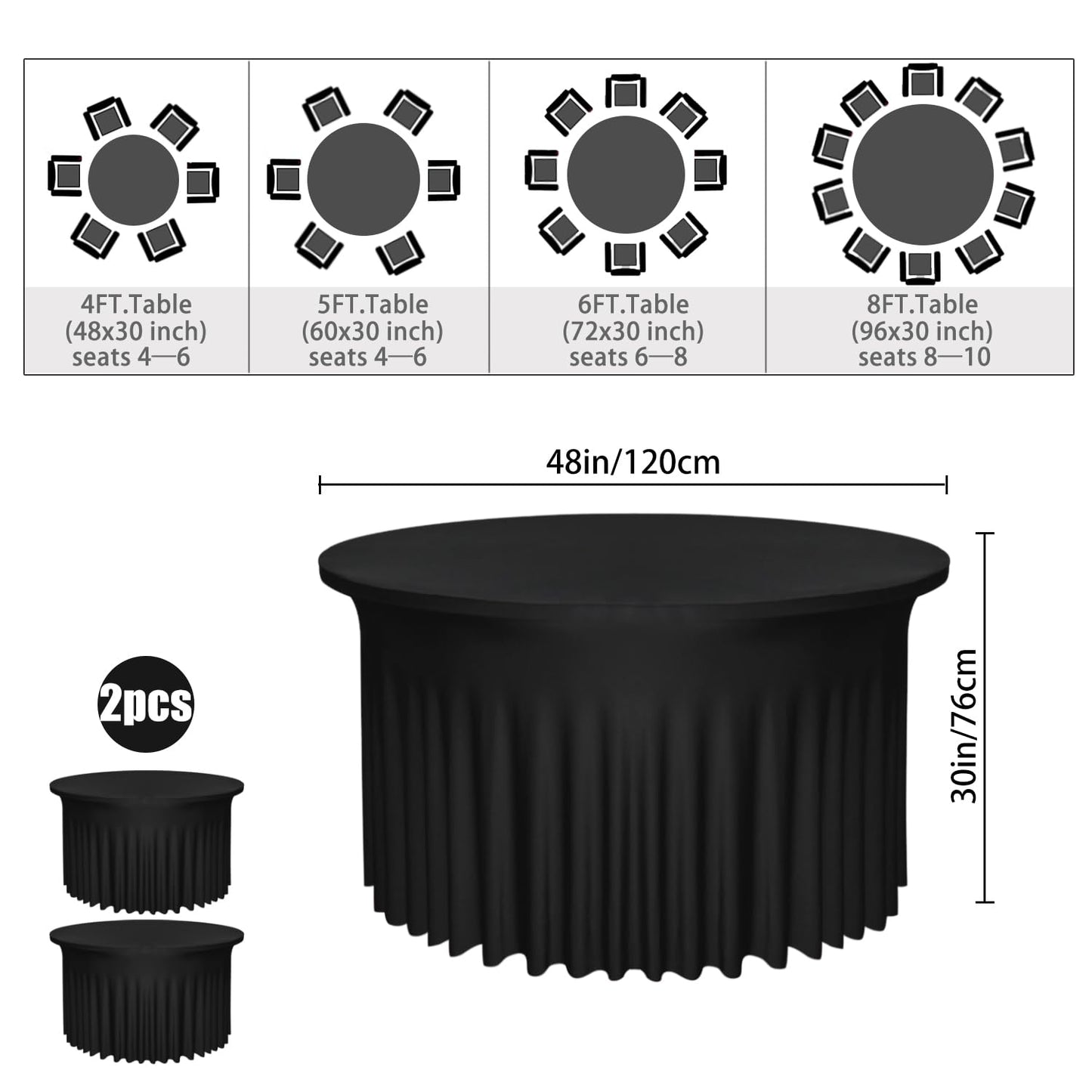 Yoquare 2 Pack 48" Diameter x 30" Height Black Table Skirt | Fits 4FT Round Tables |Polyester Spandex Round Table Cloths with Skirt|Stain 、Wrinkle Resistant、 for Wedding,Party,Dining,Banquet