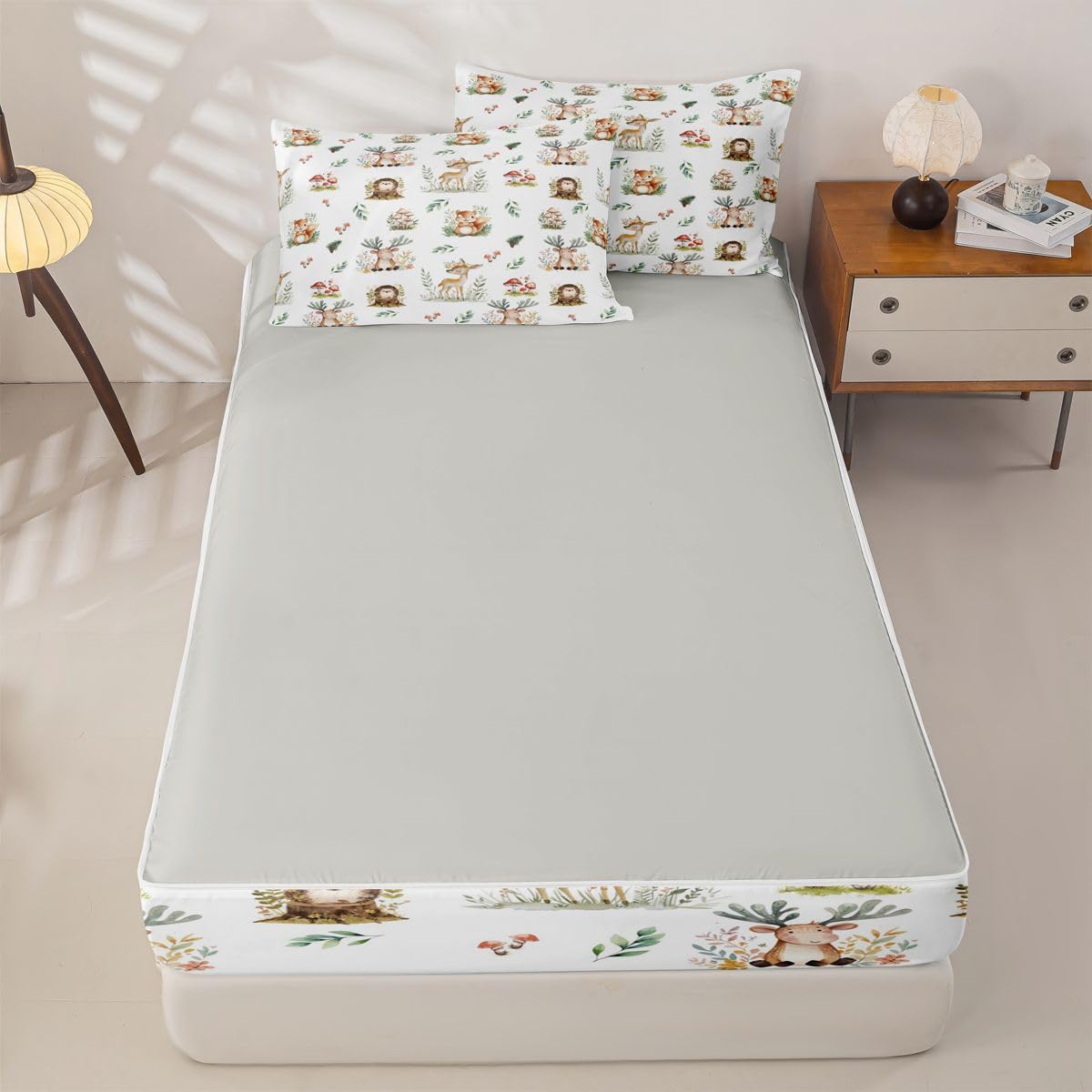 Erosebridal Woodland Animal Kids Zippered Comforter Set Kawaii Deer Hedgehog Squirrel Zipper Bedding Set Twin Size Cartoon Animals Bed in a Bag Cute Mushroom Pine Cones Leaves Comforter with Sheets