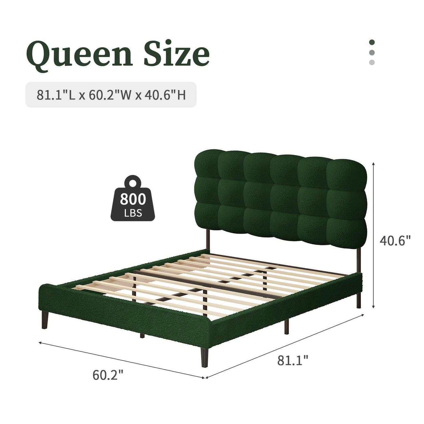 BarnFurin Queen Bed Frame with Upholstered Headboard, Soft Boucle Fabric, Platform Bed with Strong Wooden Slats Support, Two Bed Forms Design, No Boxing Spring Needed, Easy Assembly, Green