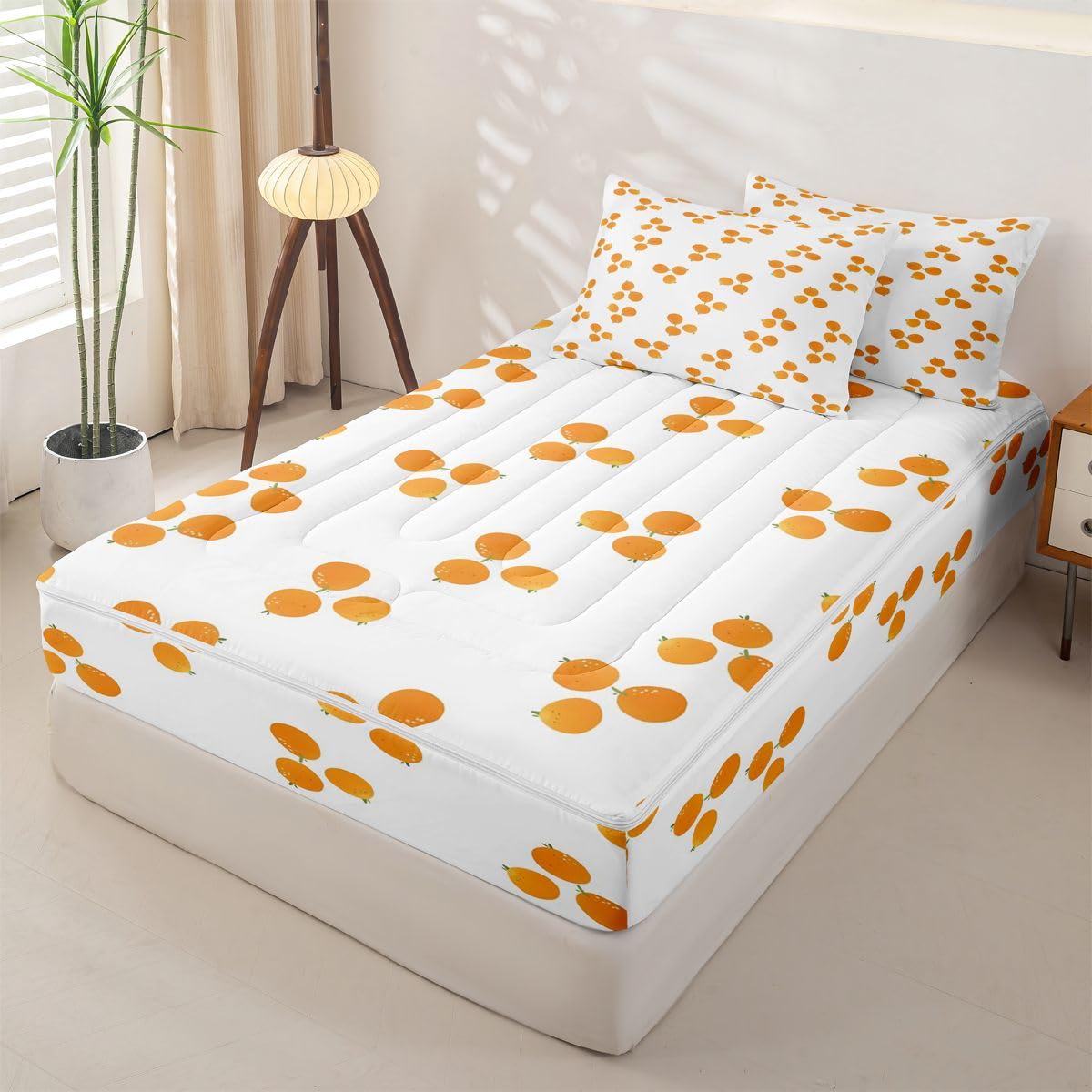 Erosebridal Orange Zipper Bedding Set Twin Modern Zip Up Comforter Set with Sheets Cartoon Fruit Bed in a Bag Hand Drawn Print Bed Sets with 2 Pillowcases