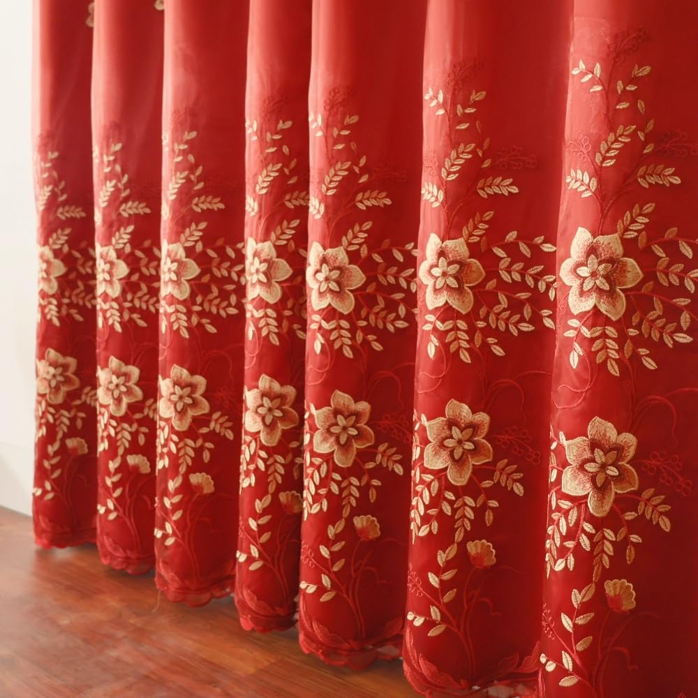 Amidoudou 1 Pair European Double Layer Curtains for Living Room Bedroom Luxury Flower Embroidered Curtains with Valance (Red,52x95 Inch)