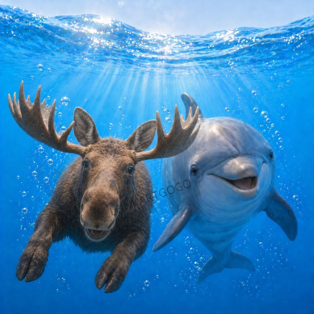 LFINKARTGOGO Ocean Moose Shower Curtain 72x72 with 12 Hooks Underwater Animal Dolphin Waterproof Washable Polyester Bath Curtain for Home Hotel Decor
