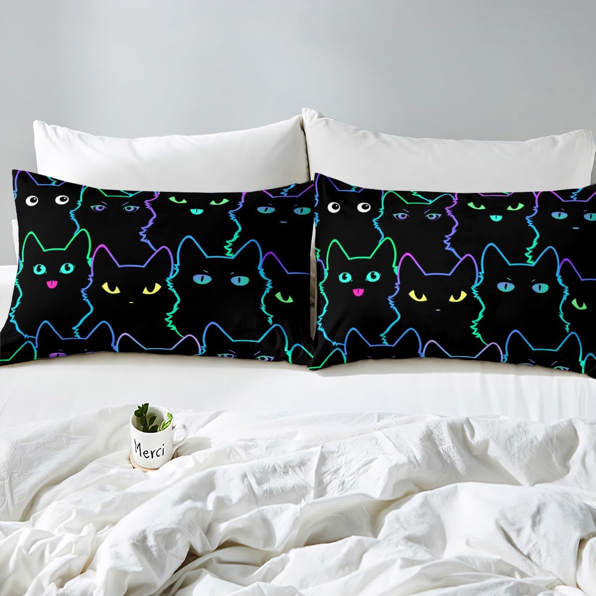 Erosebridal Cute Cartoon Cat Bed Sheets King Kawaii Cats Sheet Set Neon Gradient Animal Bedding Sheets for Kids Boys Girls Teen Lovely Kitten Fitted Sheet + Black Flat Sheet + 2 Pillow Cases