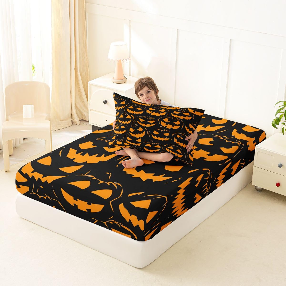 Feelyou Spooky Pumpkin Fitted Sheet with 1 Pillowcase Twin Size Halloween Themed Bed Sheets Set 16" Deep Pocket Boys Girls Trick or Treat Bedding Teens Bedroom Decor Lightweight Microfiber