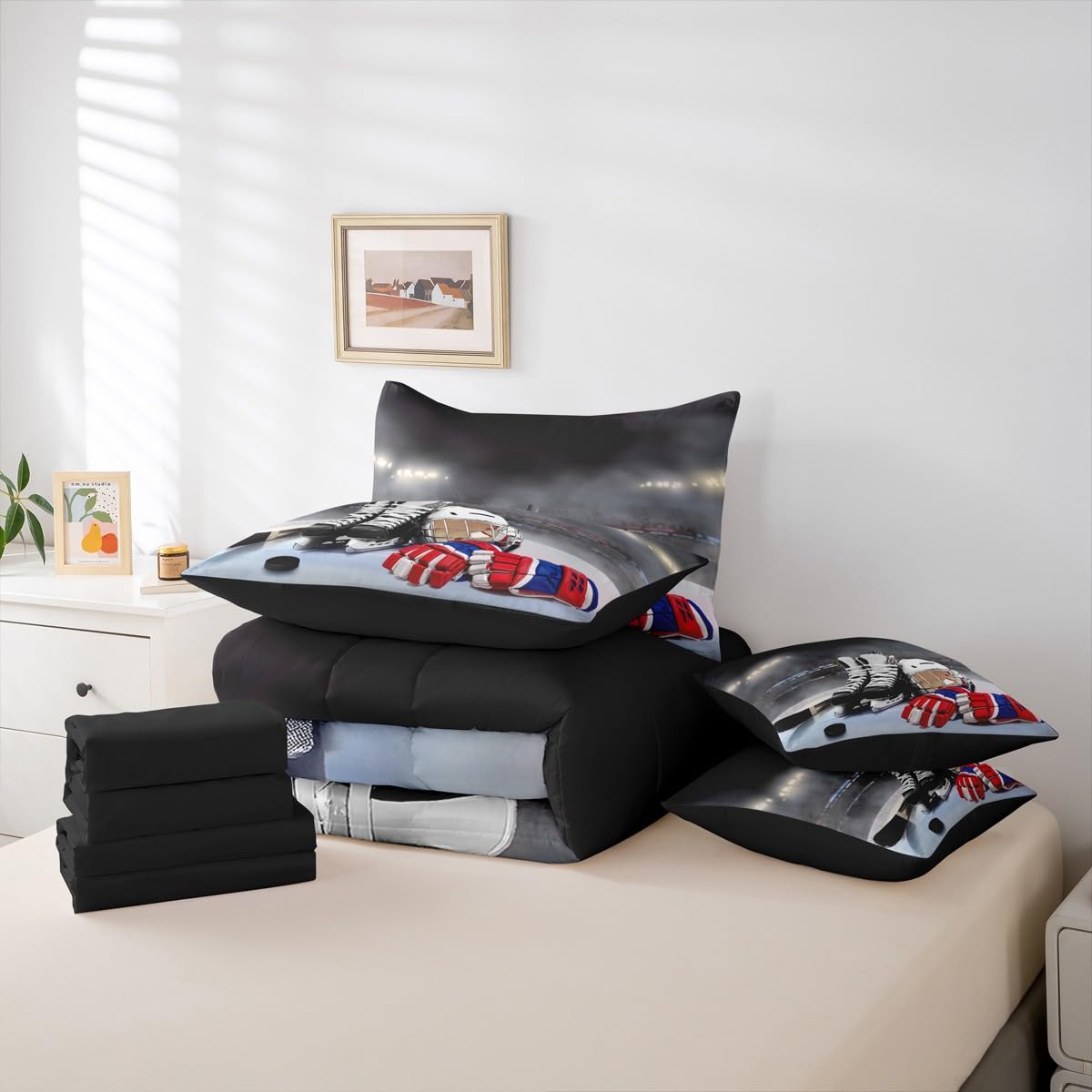 Erosebridal Ice Hockey King Comforter Set, Hockey Player 7-Piece Bed in A Bag, Boys Teens Sports Game Sheets and Pillowcases, Winter Sports Bed Sets