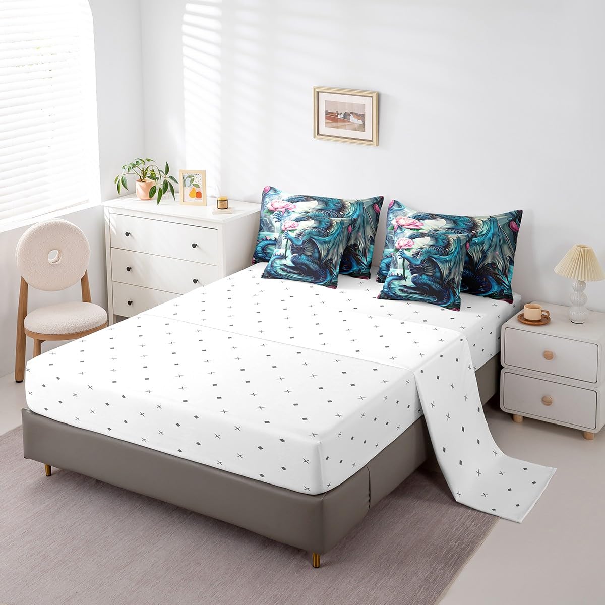 Erosebridal Floral Dragon Comforter Sets with Sheets - Magical Animal Bedding Set Queen for Boys Girls Pink Rose Dragon Theme 7Pcs Bed in A Bag Cute Wildlife Bed Set