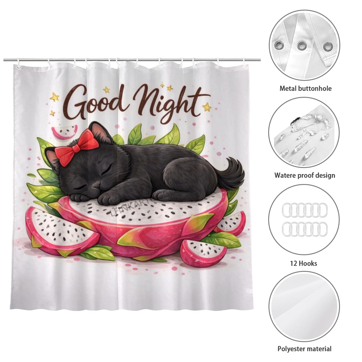 LFINKARTGOGO Cute Black Cat Shower Curtain Good Night 72x72 with 12 Hooks Bathroom Decor Waterproof Washable Polyester for Home Bathroom