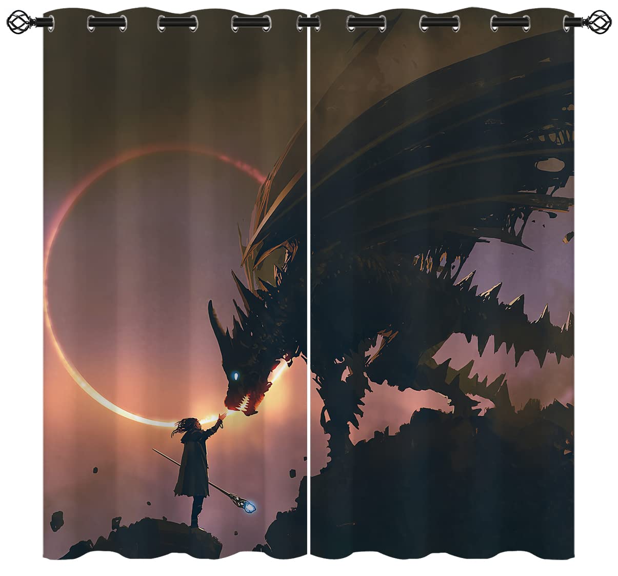 ONINUO Dragon Blackout Curtains for Girls Boy Home Decor, Medieval Magic Wizard Fantasy Mythical Grommet Thermal Insulated Drapes Darkening Window Curtain for Bedroom Living Room, 42 x 45 Inch