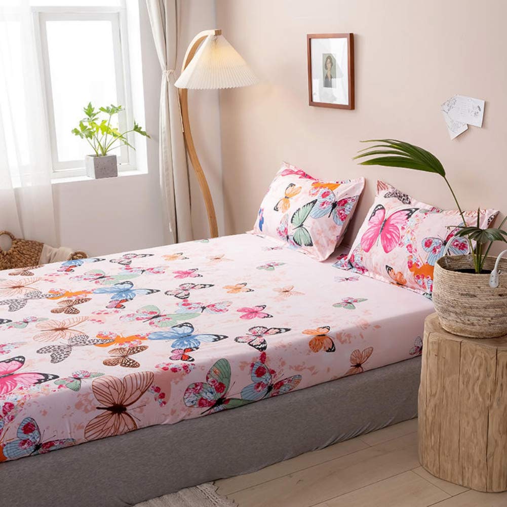Kids Bed Sheet Set Twin Girls Teens Pink Butterfly Bedding Set Decorative Microfiber Polyester Animal Fitted Sheet for Children Bedroom Soft Bed Cover with 1 Pillow Case, Flat Sheet not Included